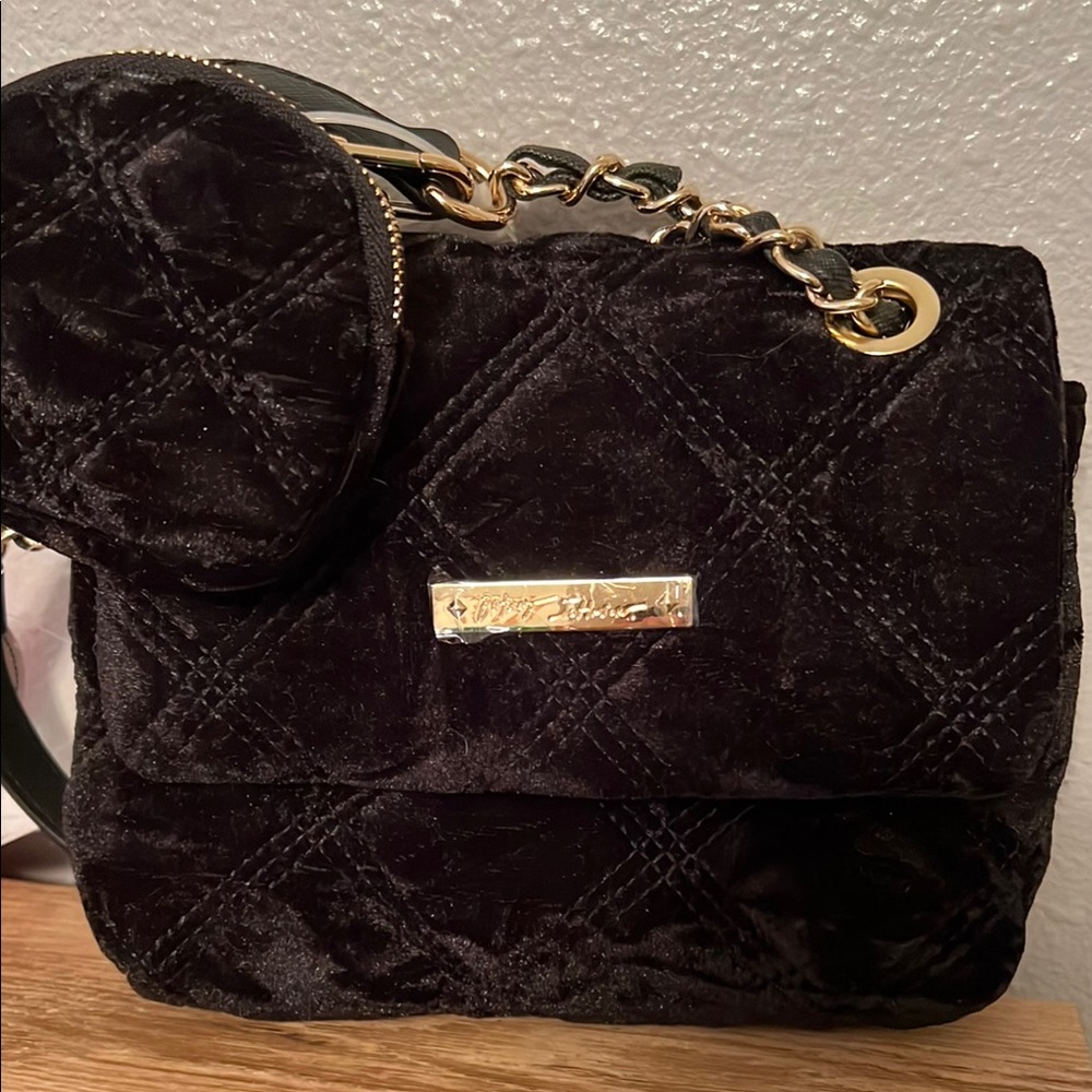 Betsey Johnson Black Quilted Velvet Bag with coin pouch